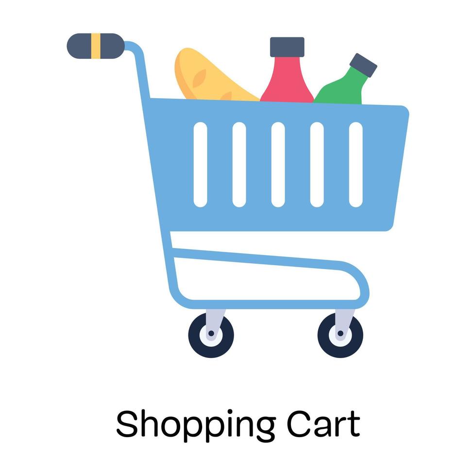 carrito de compras lleno de productos comestibles, icono plano vector