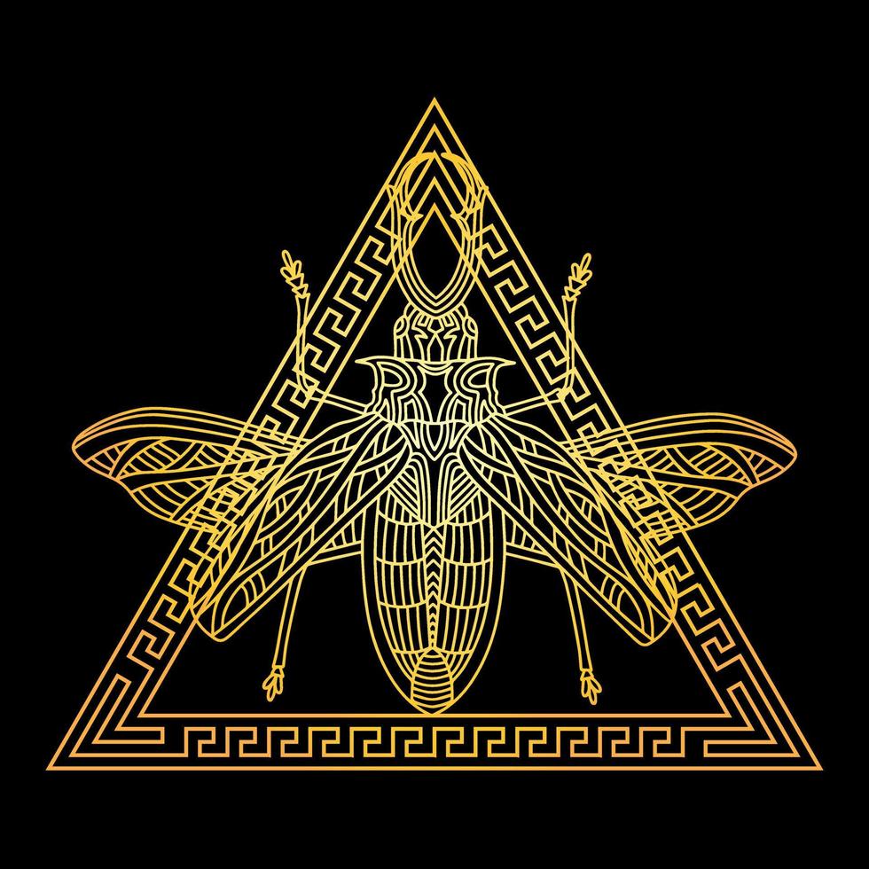 A golden beetle in a golden triangular frame in the Greek style vector