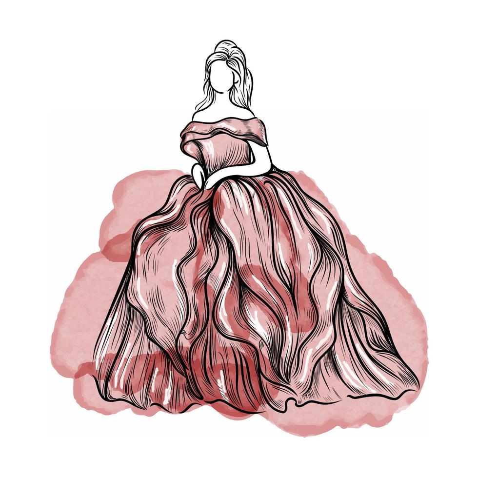 Girl in a red dress sketch. Fashion illustration.Hand drawn vector illustration isolated on a white background