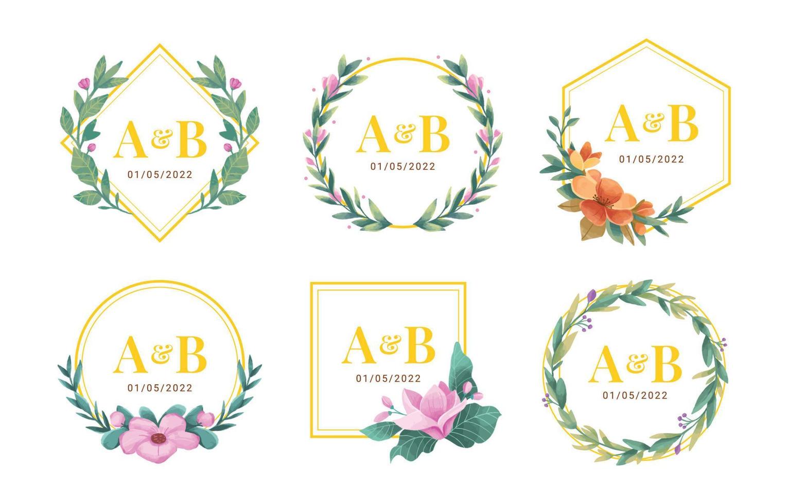 Watercolor Floral Monogram Frame Collection vector