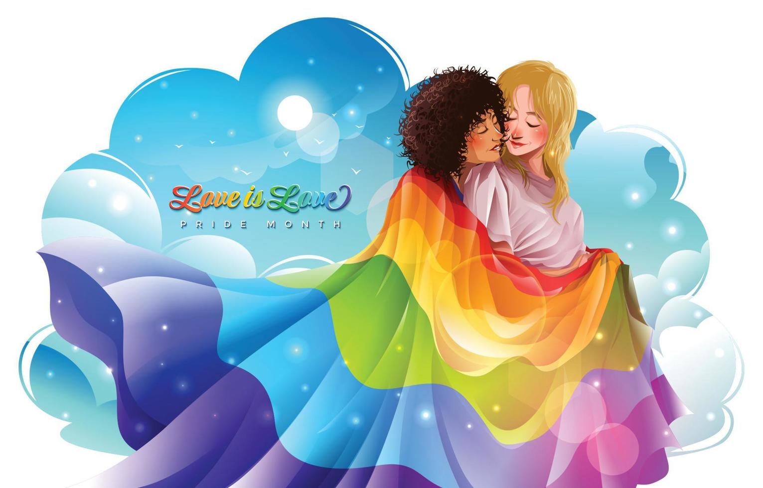 Pride Month with Couple of Girls Hugging and Holding Rainbow Flag vector