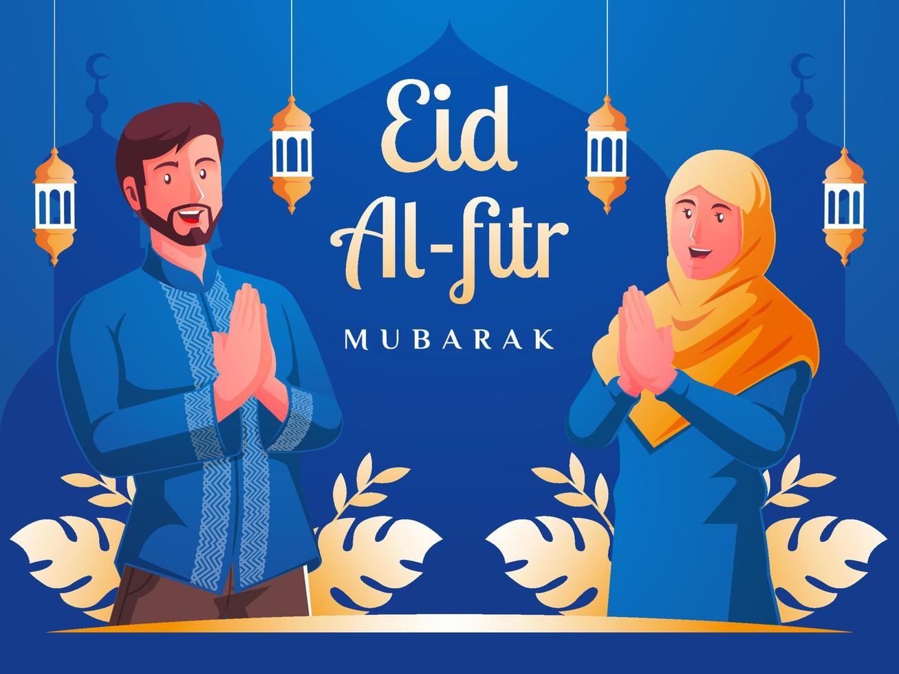 Muslim men and Muslim women celebrating eid al fitr vector