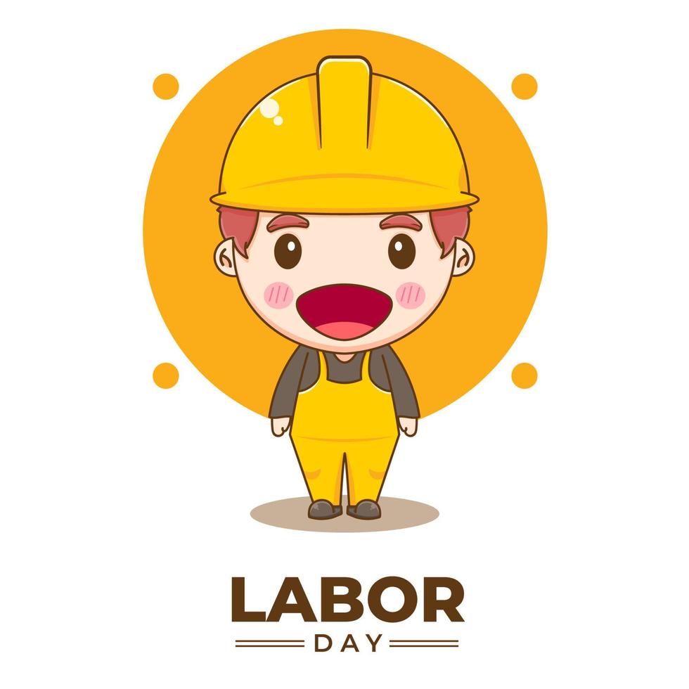 Cute engineer celebrating labor day. Vector chibi character isolated background.