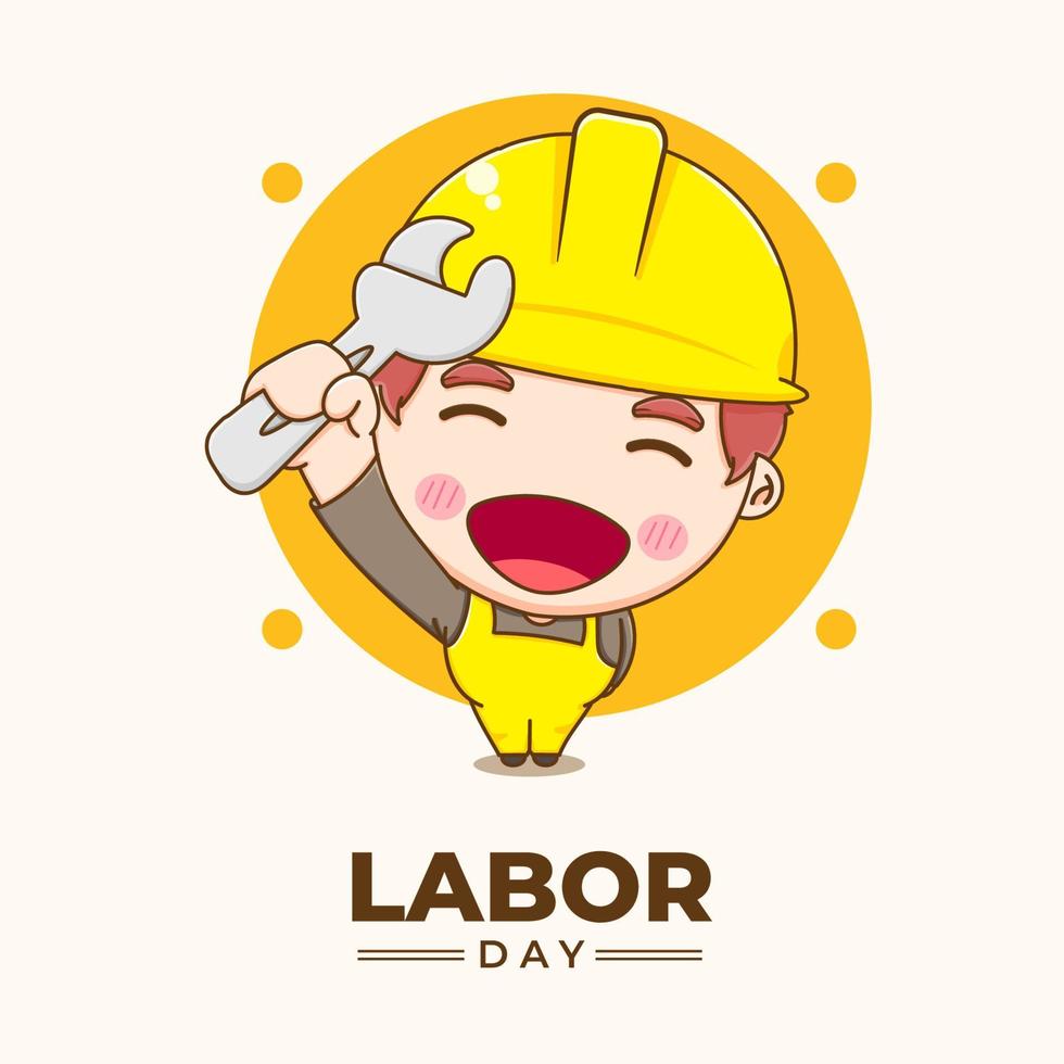 Cute engineer celebrating labor day. Vector chibi character isolated background.