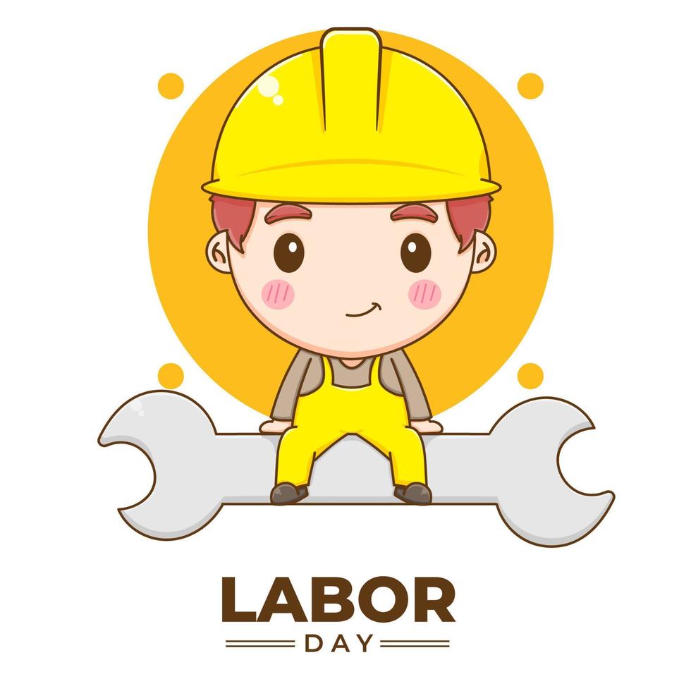 Cute engineer celebrating labor day. Vector chibi character isolated background.