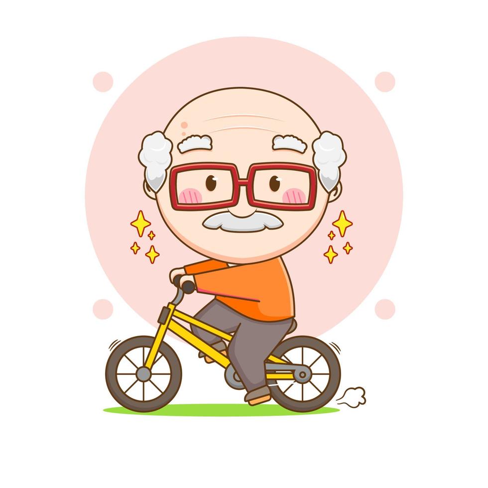 Cute grandpa riding bicycle. Cartoon illustration of chibi character isolated on white background. vector