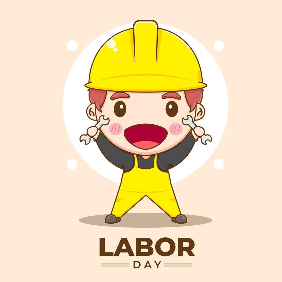 Cute engineer celebrating labor day. Vector chibi character isolated background.