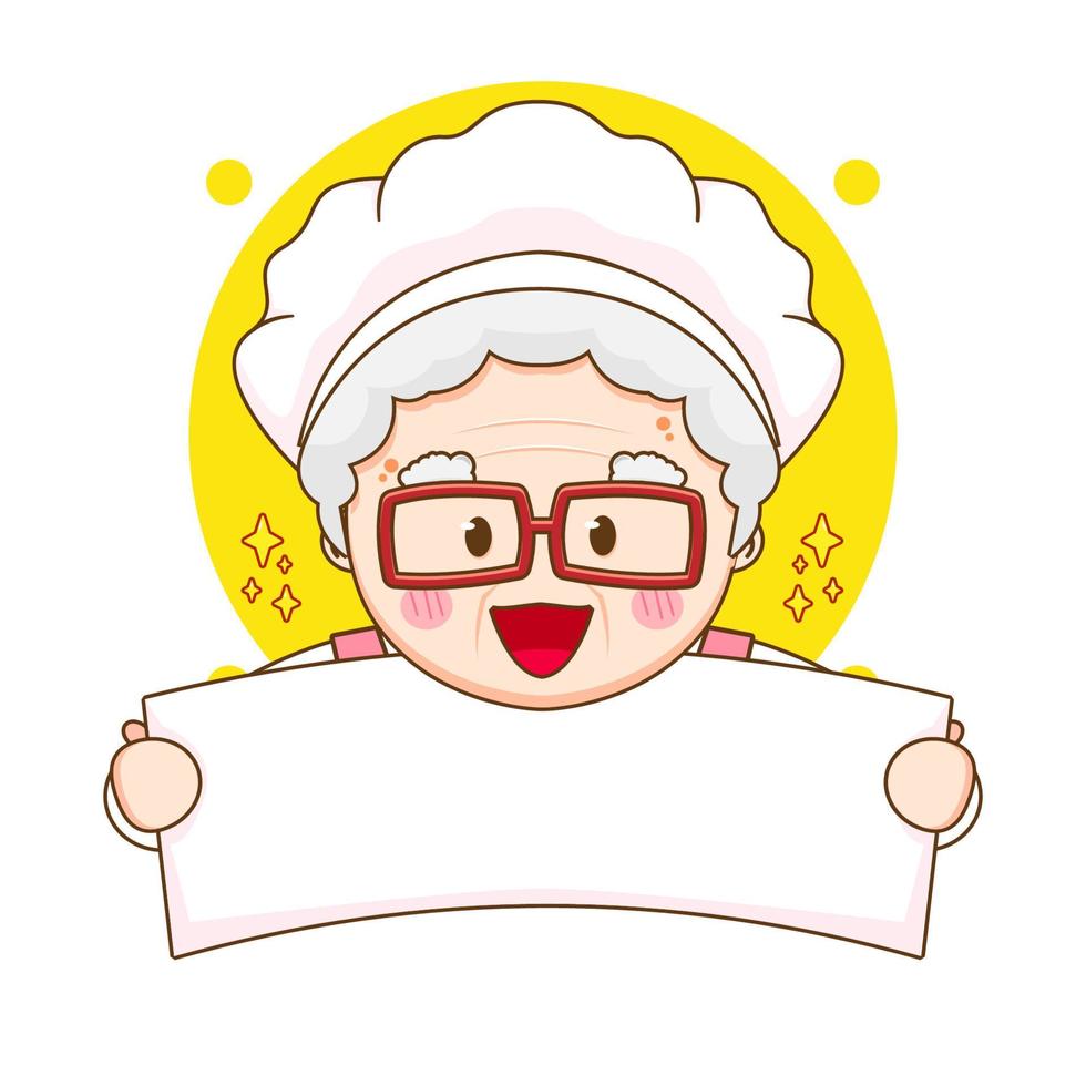 linda chef abuela sosteniendo un tablero vacío. ilustración de dibujos animados del personaje chibi aislado sobre fondo blanco. vector