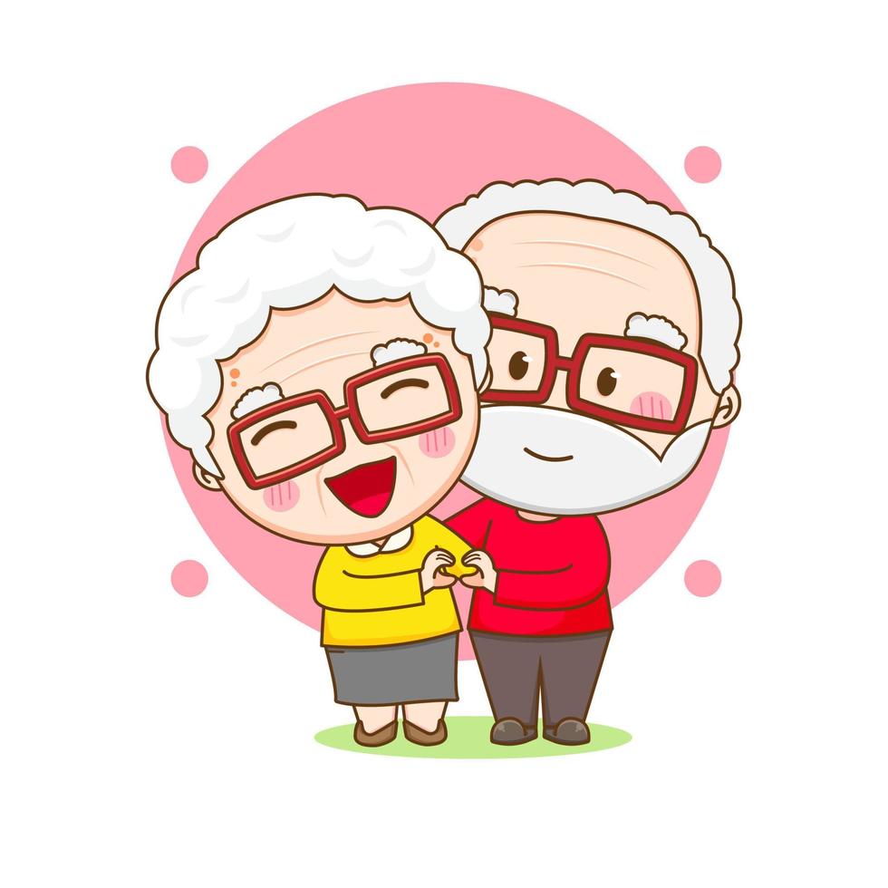 linda pareja de abuelos posando con el signo de la mano del amor. ilustración de dibujos animados del personaje chibi aislado sobre fondo blanco. vector