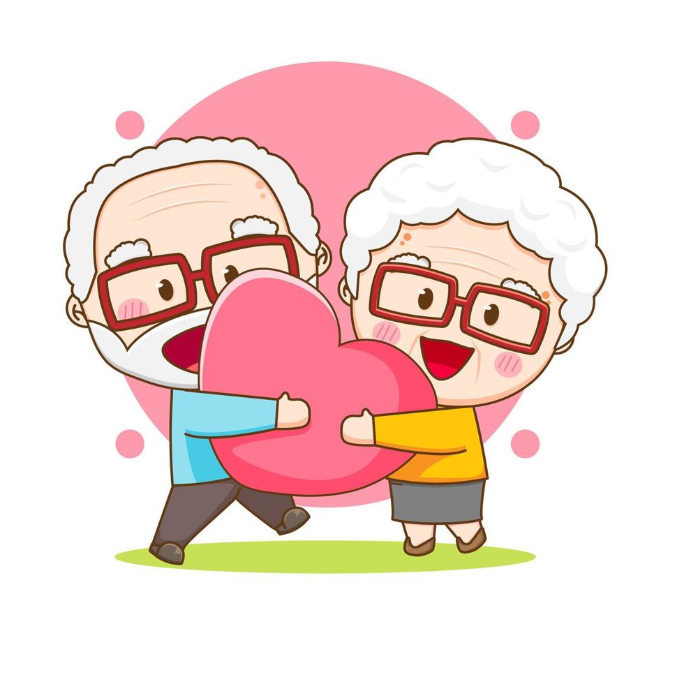 linda pareja de abuelos sosteniendo un gran corazón de amor. ilustración de dibujos animados del personaje chibi aislado sobre fondo blanco. vector