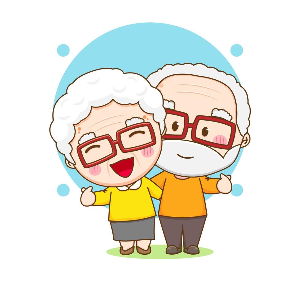 linda pareja de abuelos posando con el dedo de amor. ilustración de dibujos animados del personaje chibi aislado sobre fondo blanco. vector