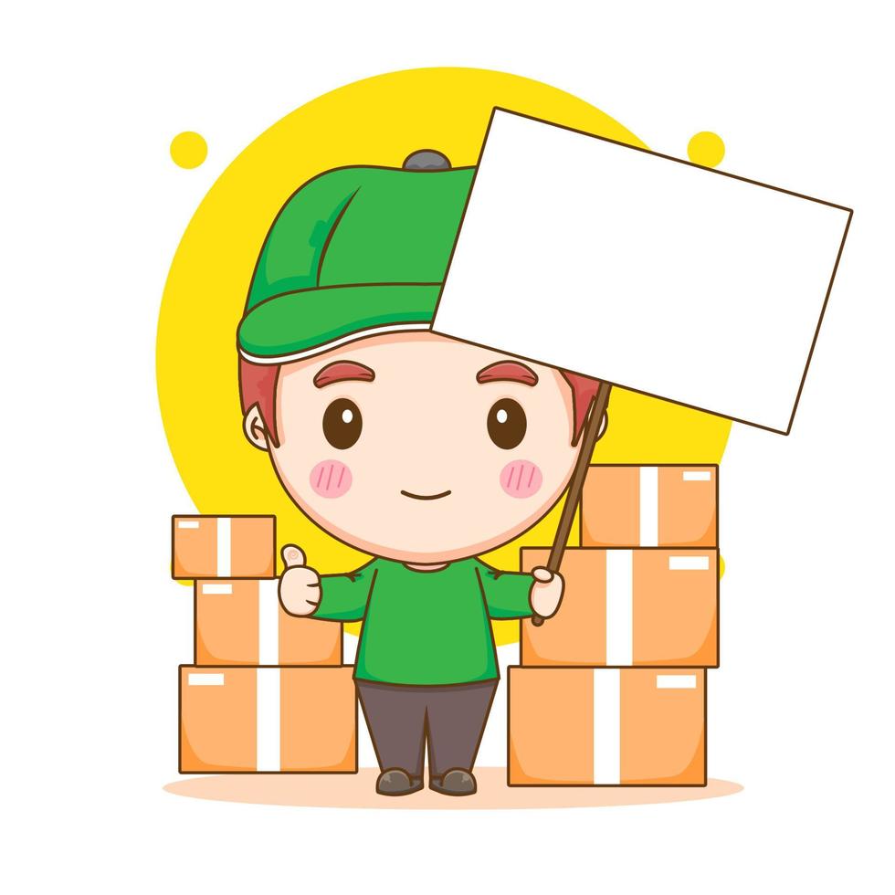 Cute delivery man showing thumb up with empty board. Cartoon illustration of chibi character isolated on white background. vector