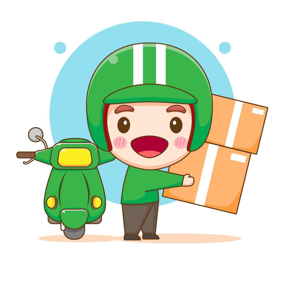 Cute delivery man handover to customer. Cartoon illustration of chibi character isolated on white background. vector