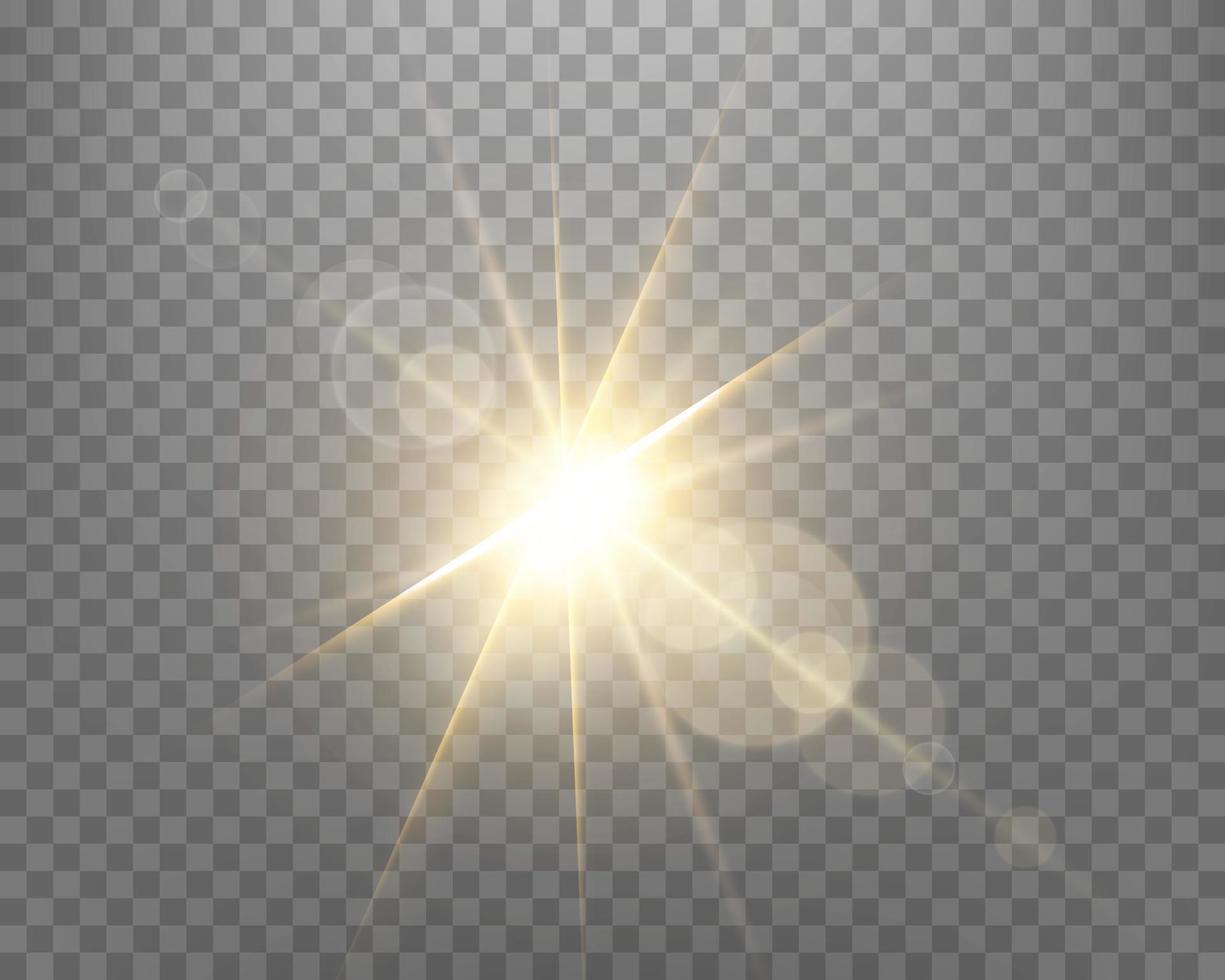 Sunlight lens flare, sun flash with rays and spotlight. Gold glowing burst explosion on a transparent background. Vector illustration.