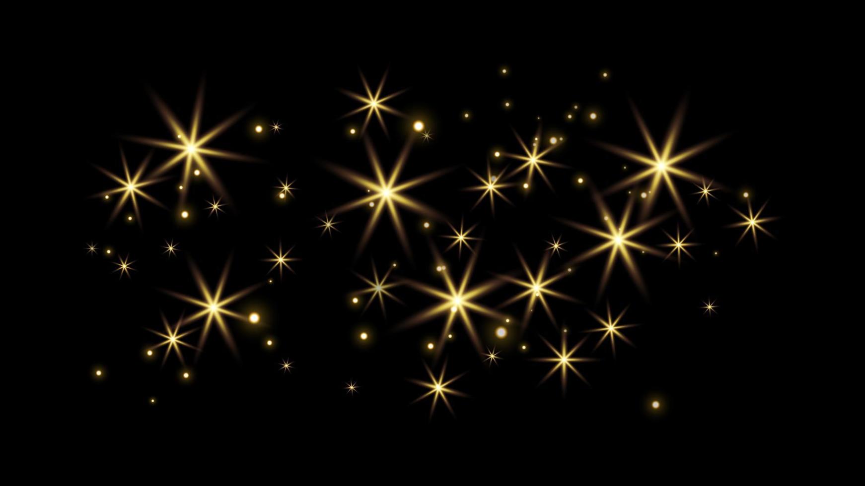 Gold glittering dots, sparkles, particles and stars on a black background. Abstract light effect. Gold luminous points. Vector illustration.