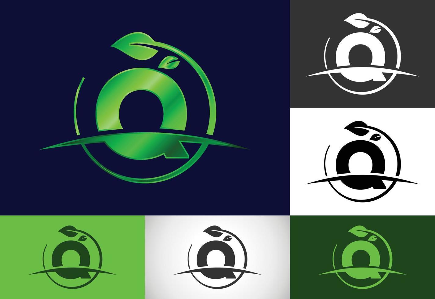 alfabeto de monograma q inicial con hoja de círculo y swoosh. concepto de logotipo ecológico. logotipo vectorial moderno para negocios ecológicos e identidad empresarial vector