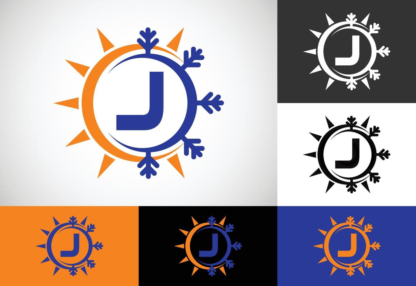 Initial J monogram alphabet with abstract sun and snow. Air conditioner logo sign symbol. Hot and cold symbol. vector