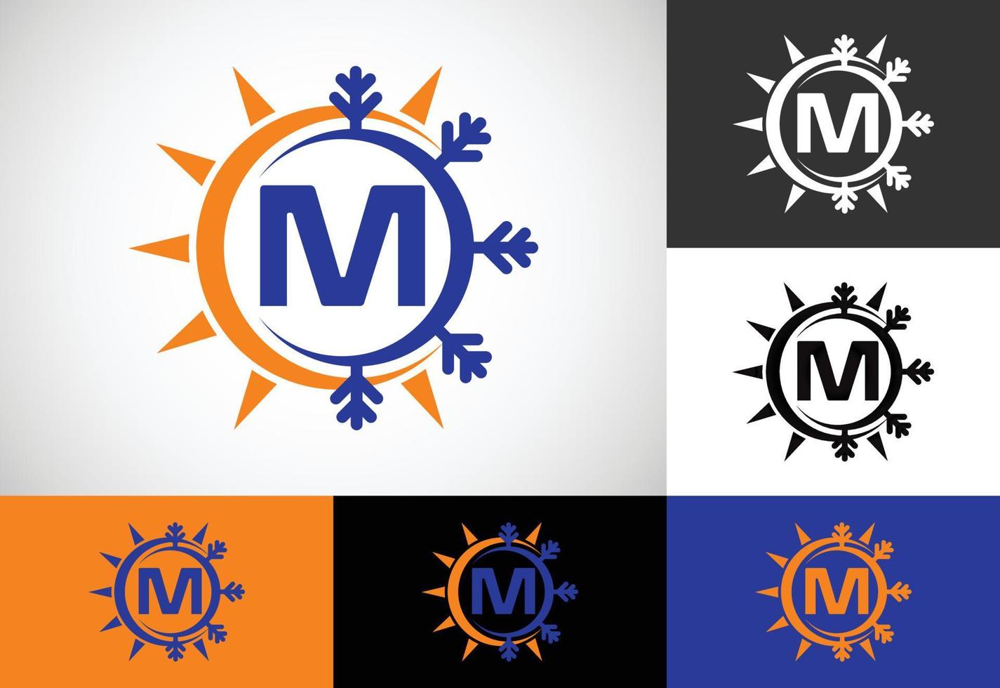 alfabeto de monograma m inicial con sol abstracto y nieve. símbolo del logotipo del acondicionador de aire. símbolo de frío y calor. vector