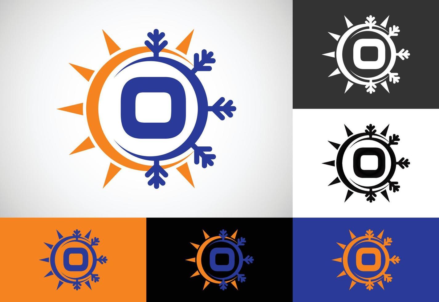 Initial O monogram alphabet with abstract sun and snow. Air conditioner logo sign symbol. Hot and cold symbol. vector