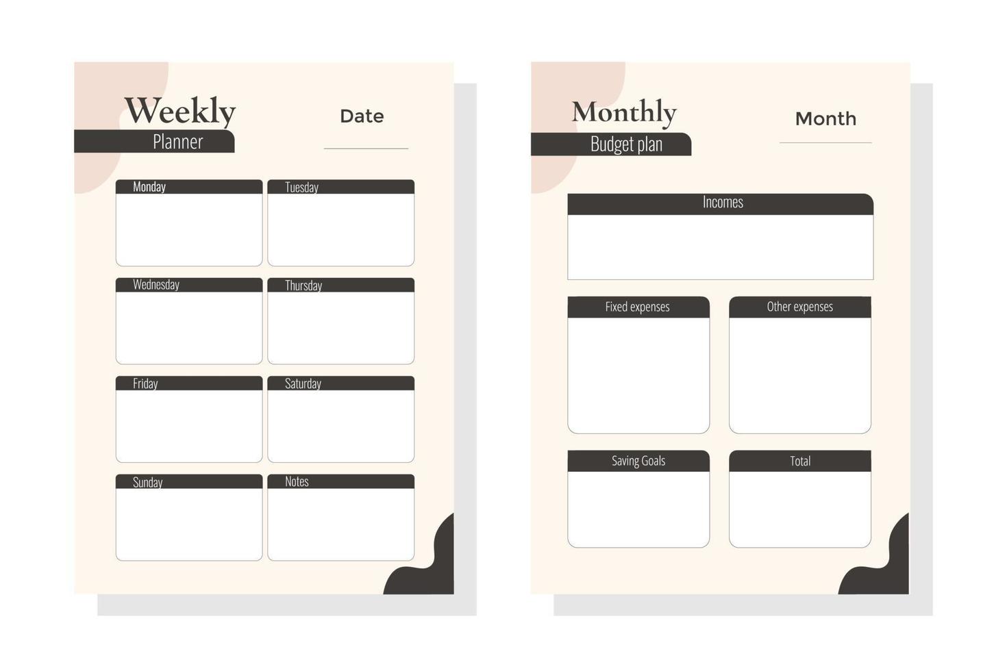 planificador financiero minimalista mensual, semanal, presupuesto. página organizadora, diario y libro de control. conjunto de colección de plantillas de páginas de vector. vector