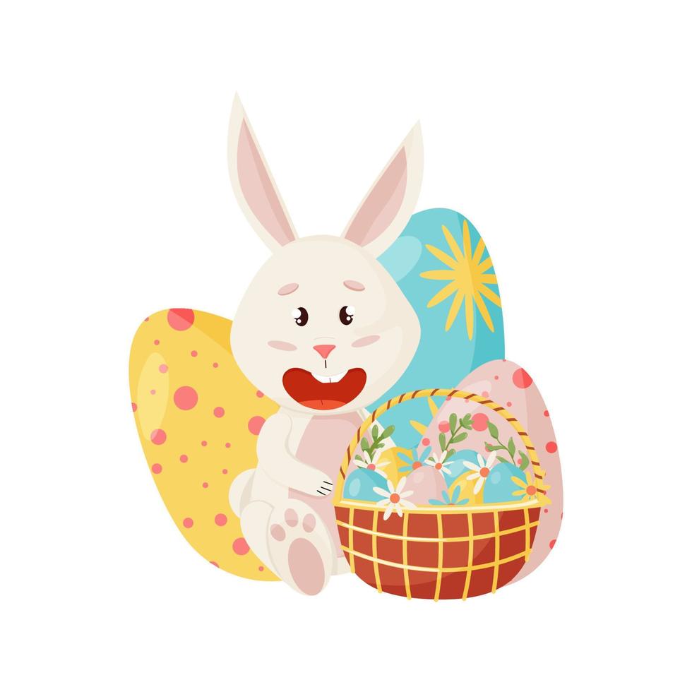 personaje de conejito. sentado y riendo divertido, feliz conejo de dibujos animados de Pascua con huevos, cesta vector