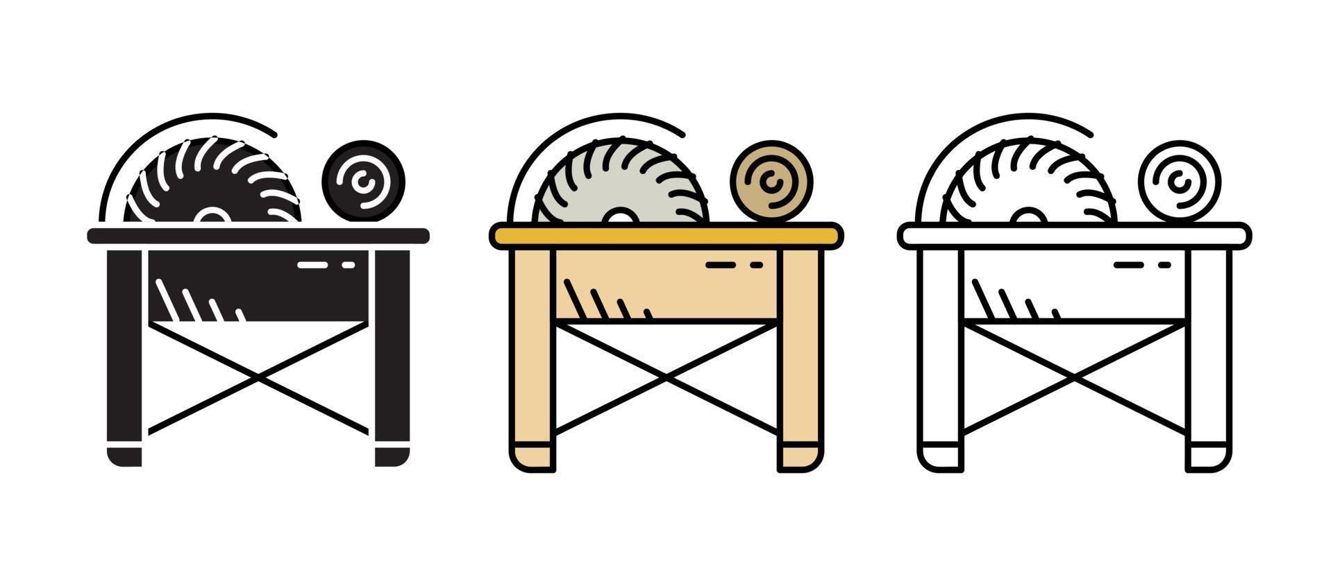 Wood cutting icon set on countertop. Thin line icons of wood production process. Manufacturing icon set. Silhouette, colorful and linear set. vector