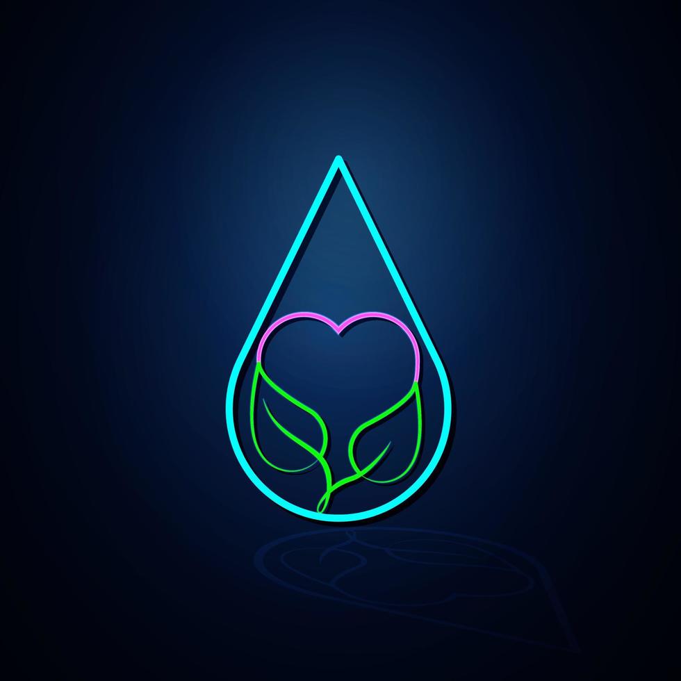 la gota de agua de neón, el corazón y el icono de la hoja se ven claros. icono de línea de neón. salud vegana e ícono líquido. icono de neón. vector