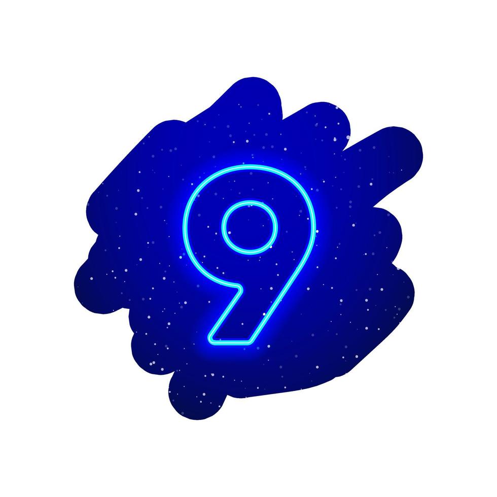 LED blue glow neon number type. Realistic neon explosion. Number 9 night show among the stars. Vector illustration of big numeral type. 3d Render Isolated On White Background.