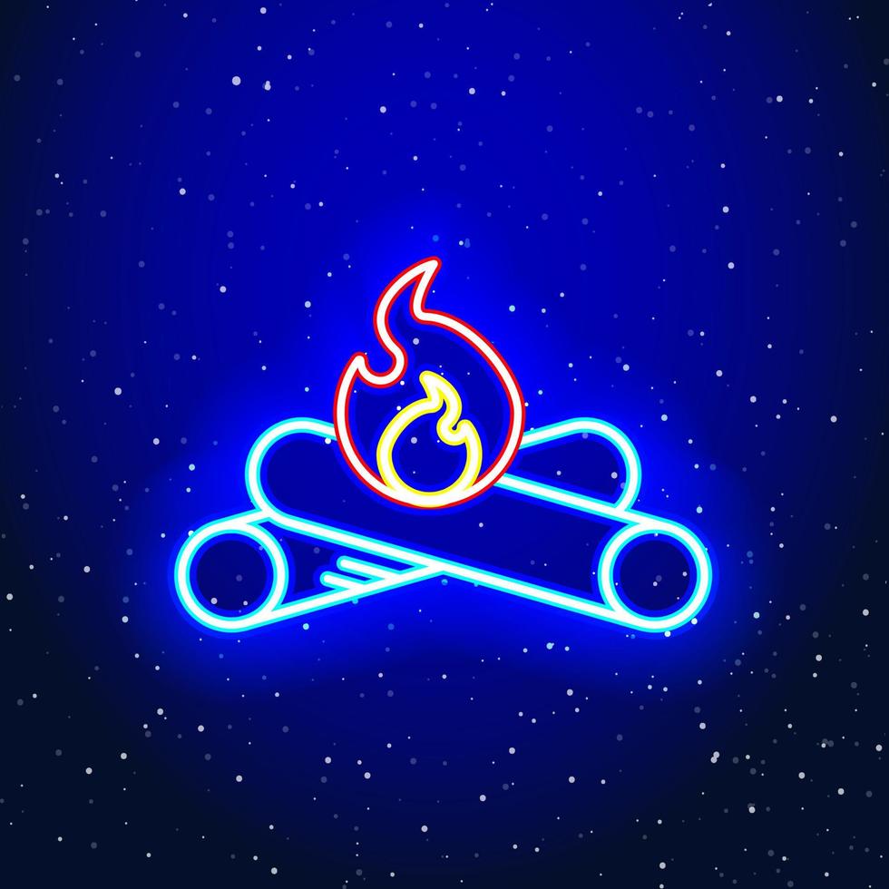 diseño de madera quemada con luz de neón. fuego lineal y diseño de madera. señal de fuego en el espacio. icono de neón único y realista. icono lineal sobre fondo azul. vector