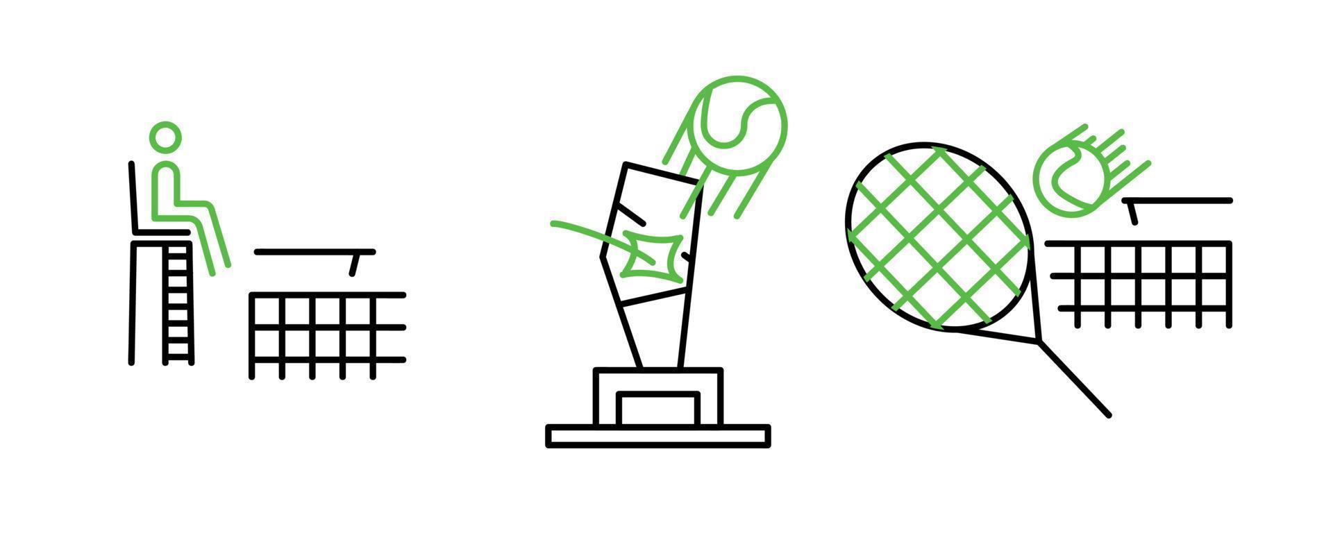 Tennis cup, referee, ball, racket and field icon set. This icon is the icon symbols of the tennis match. Sports competition icon set. Editable Stroke. Logo, web and app. vector