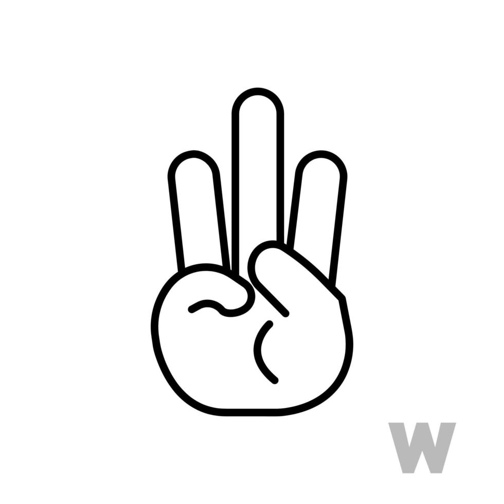 Letter W Universal and handicapped hand alphabet letter. Simple clear linear letter W, hand language. Learning the alphabet, non-verbal deaf-mute communication, expressive gestures vector. vector