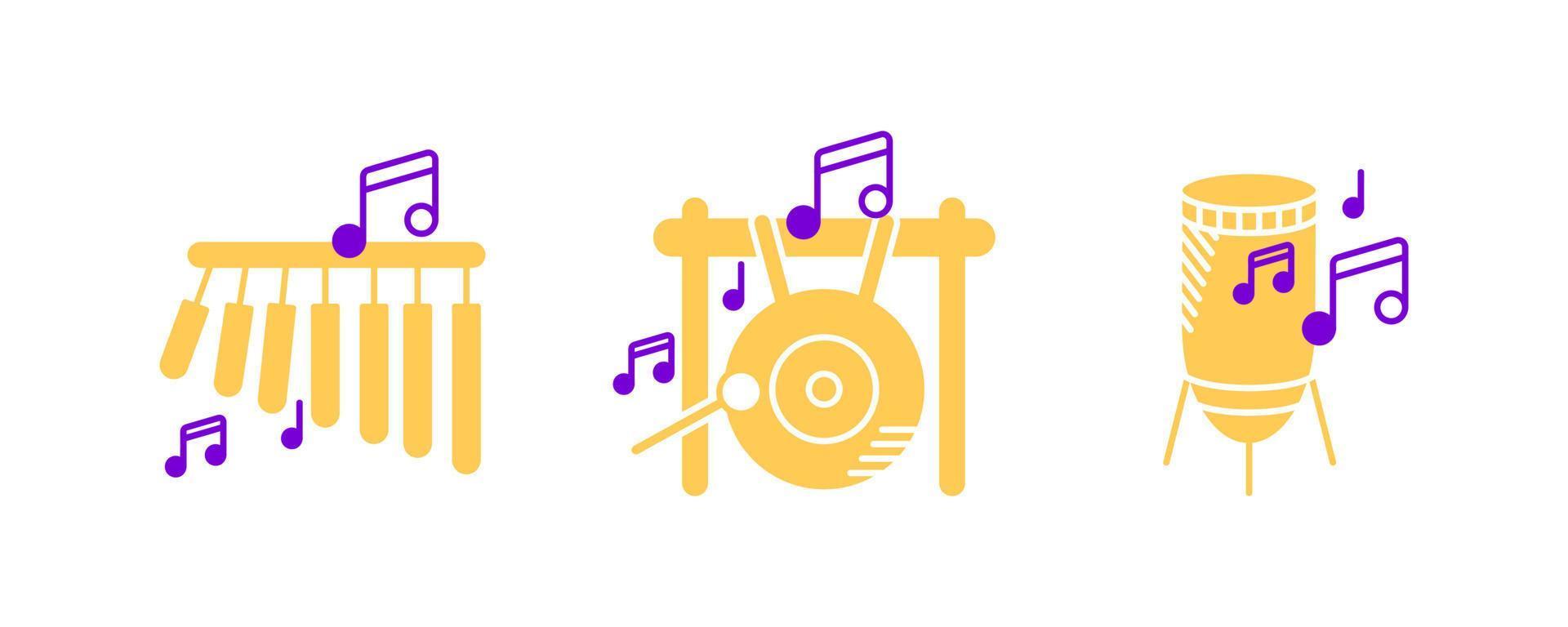 conjunto de iconos de campanas de barra, gong grande, percusión y notas musicales. ícono de entretenimiento y música. conjunto de instrumentos de cuerda. conjunto de filas editable. conjunto de iconos de colores. vector