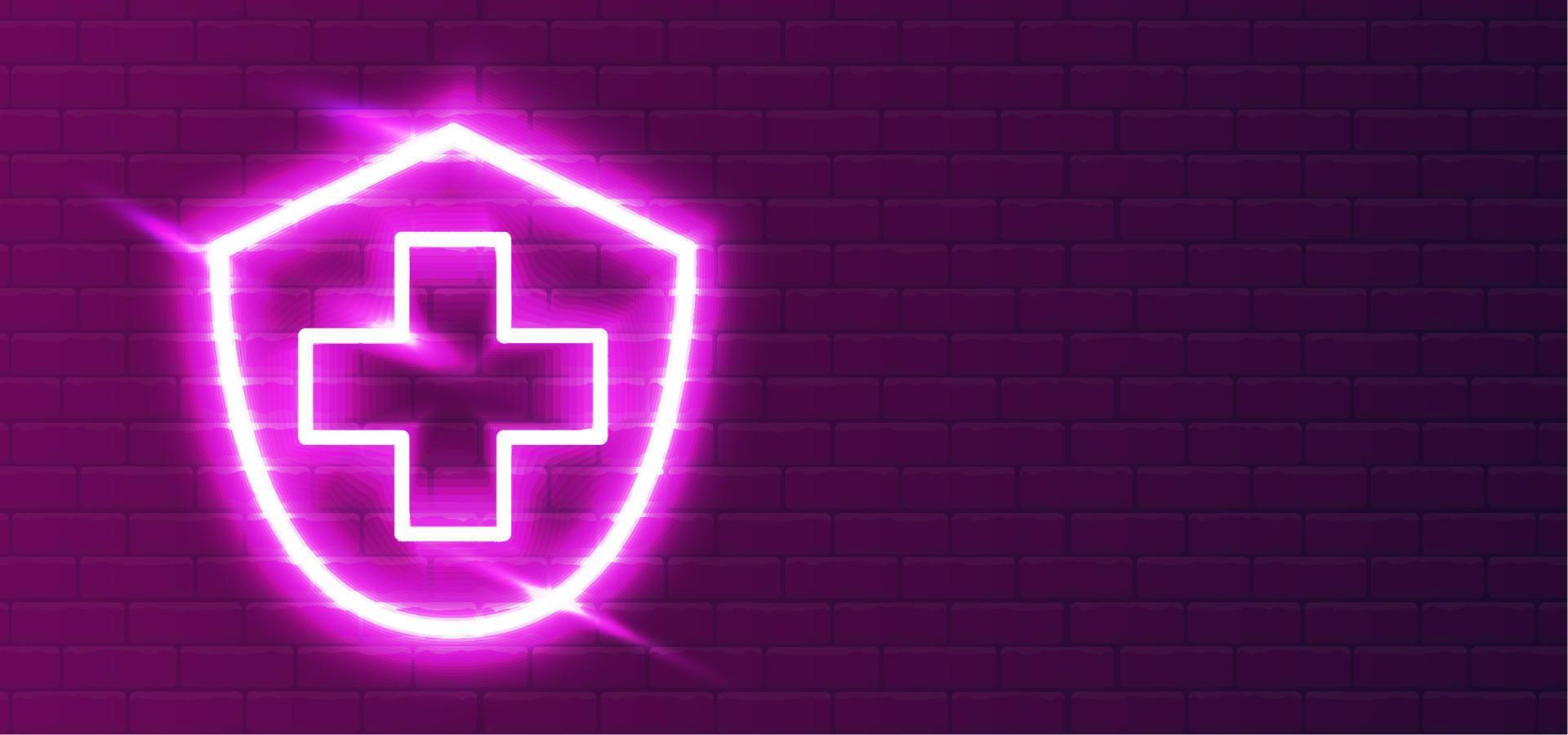 Health icon type with LED red-violet super bright neon shield. Health protection with realistic neon security shield. Antivirus security. Security shield night show on the wall. Wall Background. vector