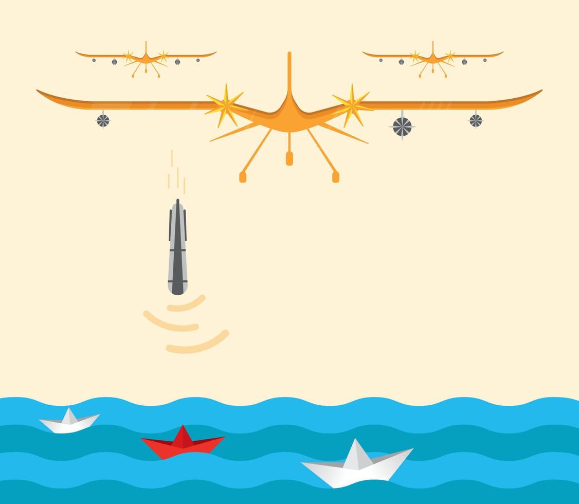 uav dispara misiles a barcos en el mar. vector