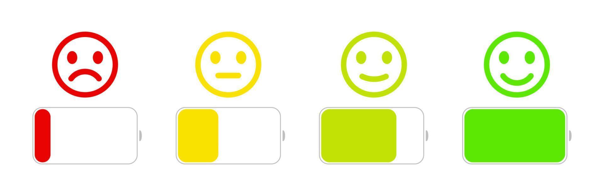 Phone battery icons set. Smart device battery charge indicator icon. Level battery energy. Phone battery capacity charge icon. Degree satisfaction with feelings. Modern vector. vector