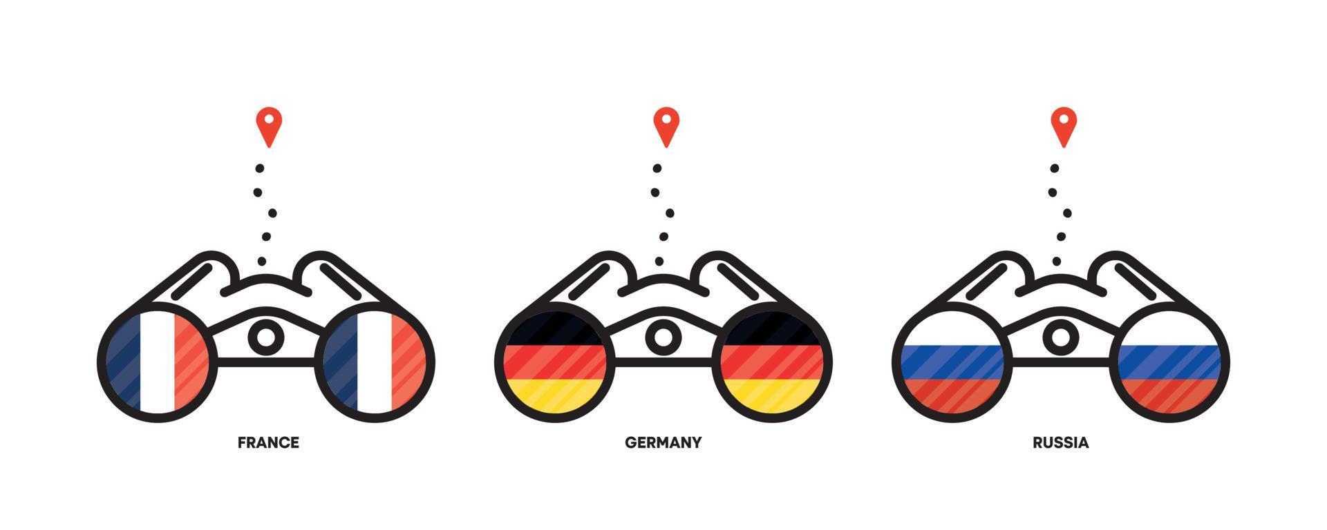 Country flags location icons. Viewing country locations with binoculars, location icons for travel. vector