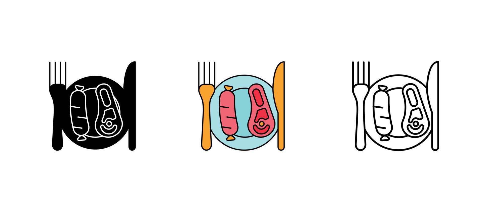 Meat and sausage icon on serving plate. Steak icon set. Barbecue grill. To collect. These icons contain hot food icons. It is a set of colors, silhouettes and beautiful drawings. vector