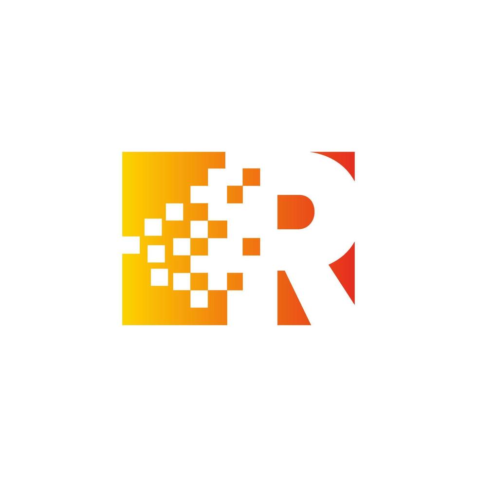 Colorful letter R fast pixel dots logo. Pixel art with letter R. Integrative pixel movement. Creative dissolved and dispersed moving dot art. vector
