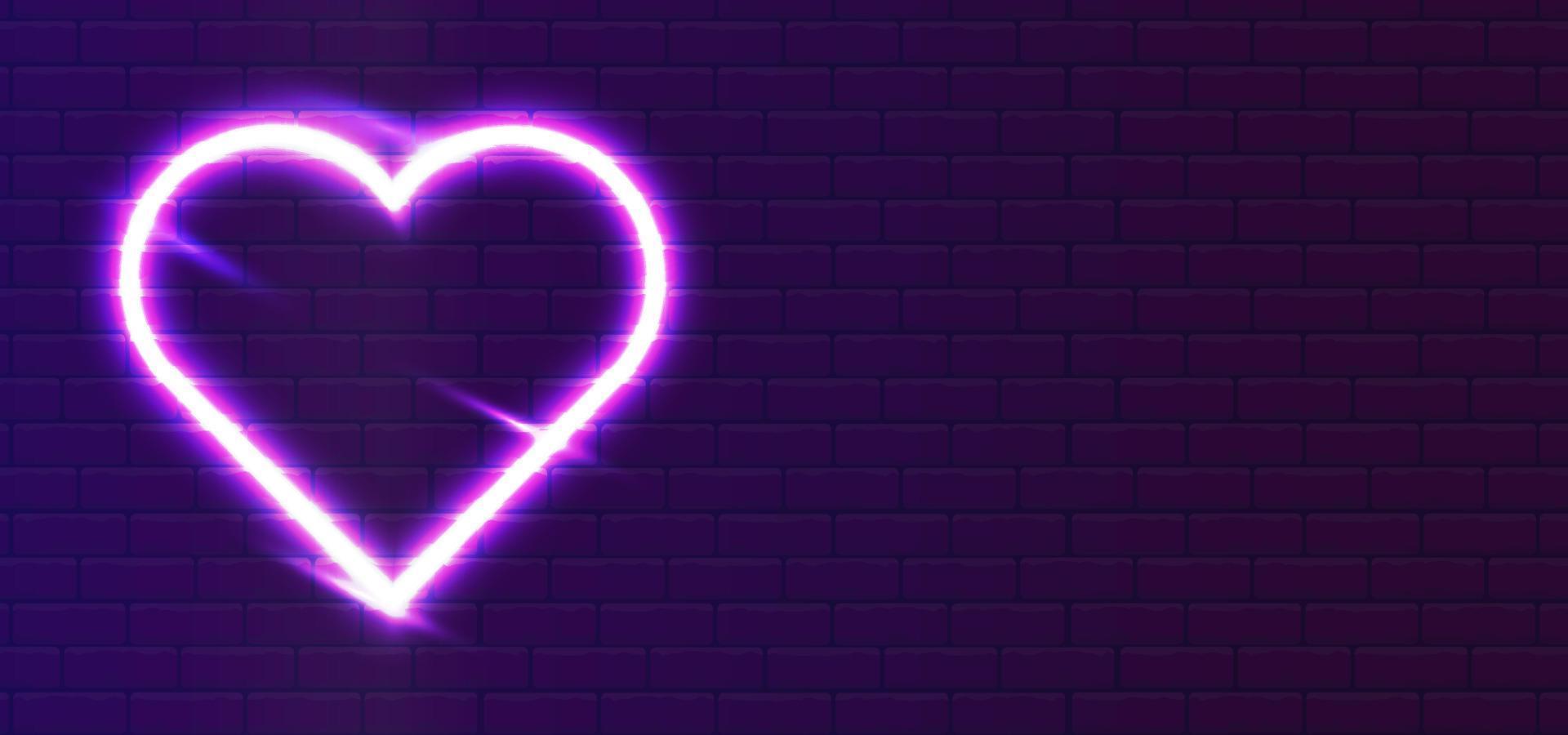 LED red-violet super glowing neon heart-love icon type. Realistic neon valentine's day. Heart on the wall. On Wall Background. vector