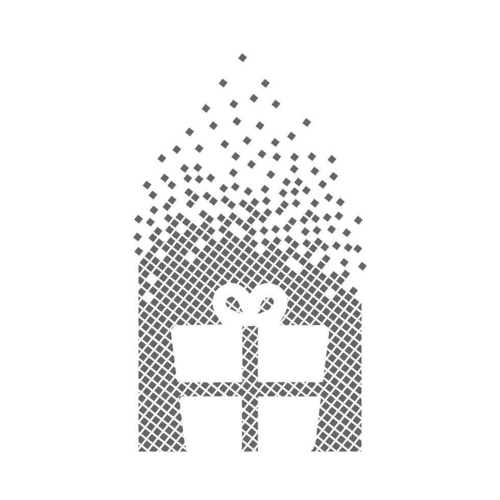 Gift box sign fast pixel dots icon. The cardboard box pixel is flat-solid. Dissolved and dispersed moving dot art. Integrative and integrative pixel movement. Connecting the modern dots. vector