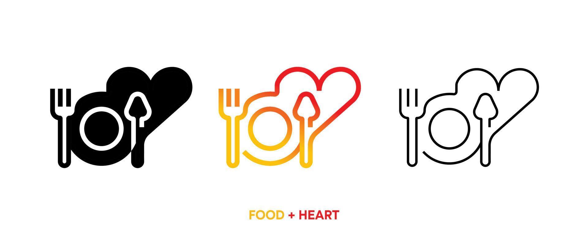 línea de icono de corazón con juego de alimentos. vector