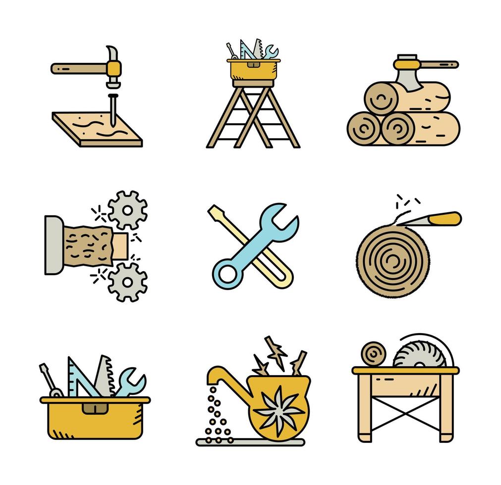 madera, madera, conjuntos de iconos de fabricación de madera. iconos de línea delgada del proceso de producción de madera. conjunto de iconos de fabricación. colorido conjunto lineal. vector
