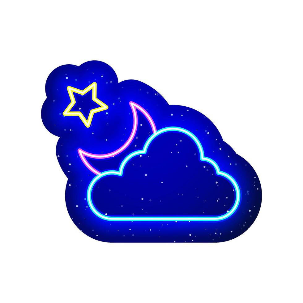 nube de color neón, línea de icono de luna y estrella. azul medianoche. cielo de neón con diseño de nubes, luna y estrellas. vector