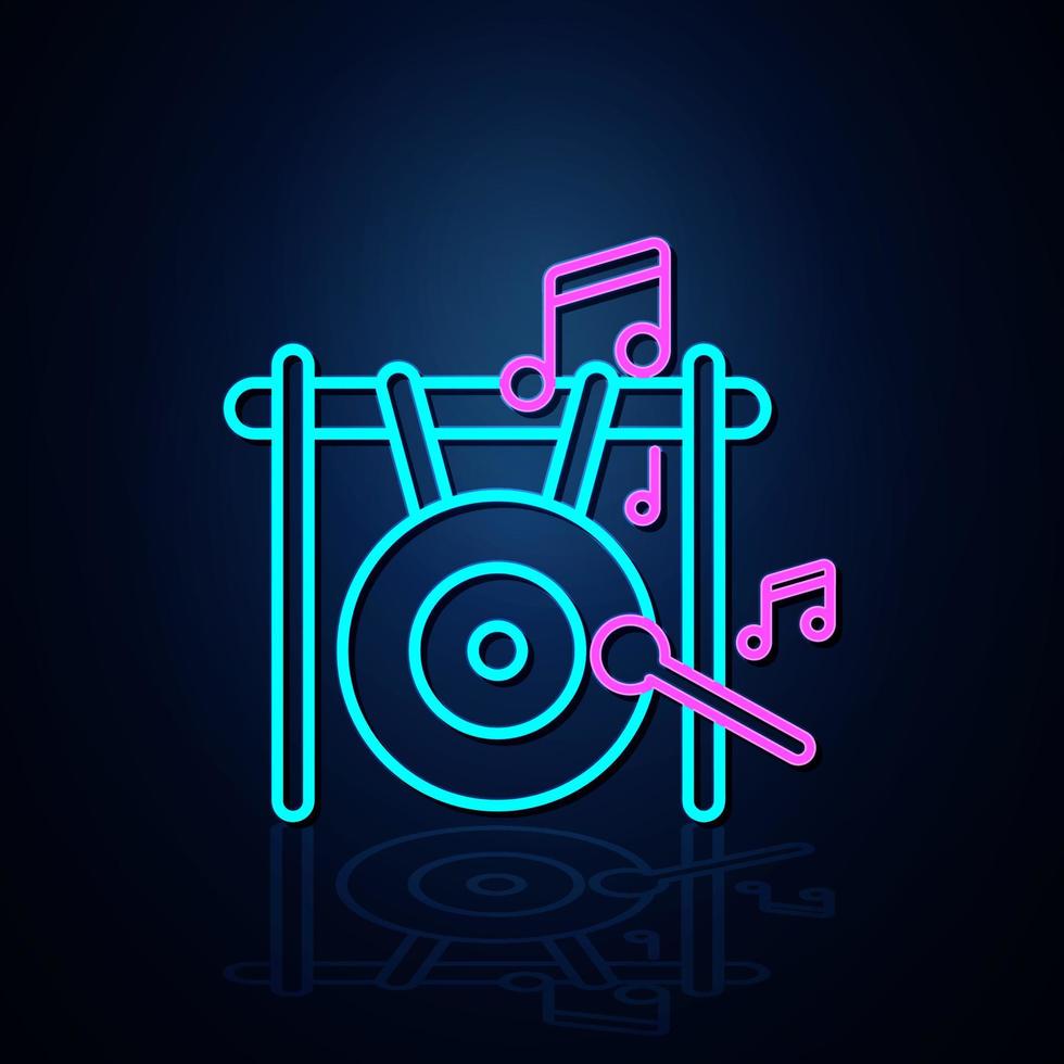 Neon big gong and musical note icon on. Neon line icon. Entertainment and karaoke music icon. neon icon. vector