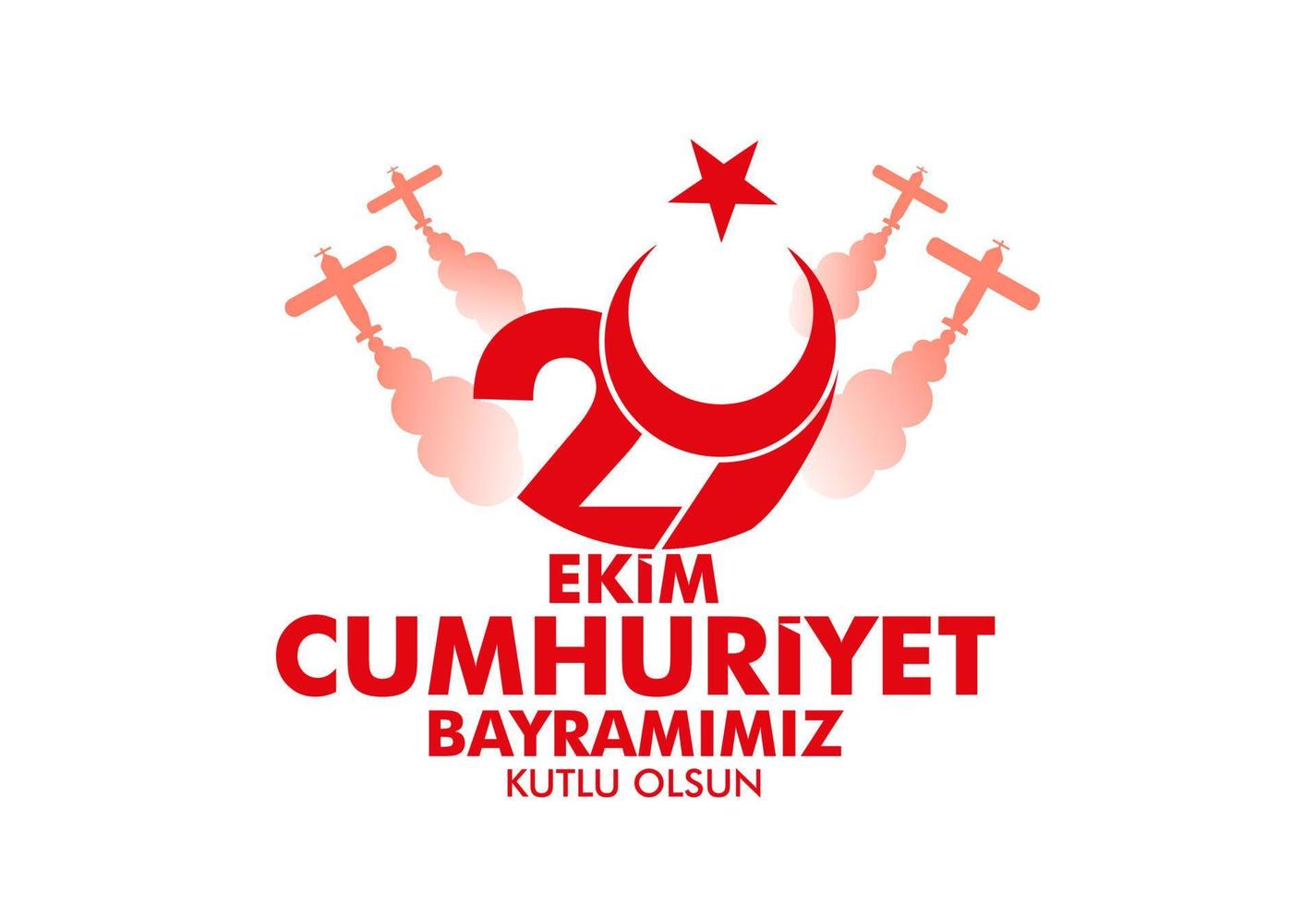 Diseño de 9 logos con bandera turca. mensaje de felicitación con luna, estrella y viejo avión. traducción, feliz 29 de octubre día de la república. vector