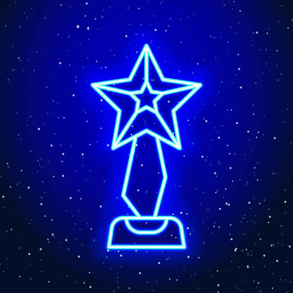 Neon luminous star trophy design. Linear achievement medal cup design. Gift medal with neon star in space Unique and realistic neon icon. Linear icon on blue background. vector
