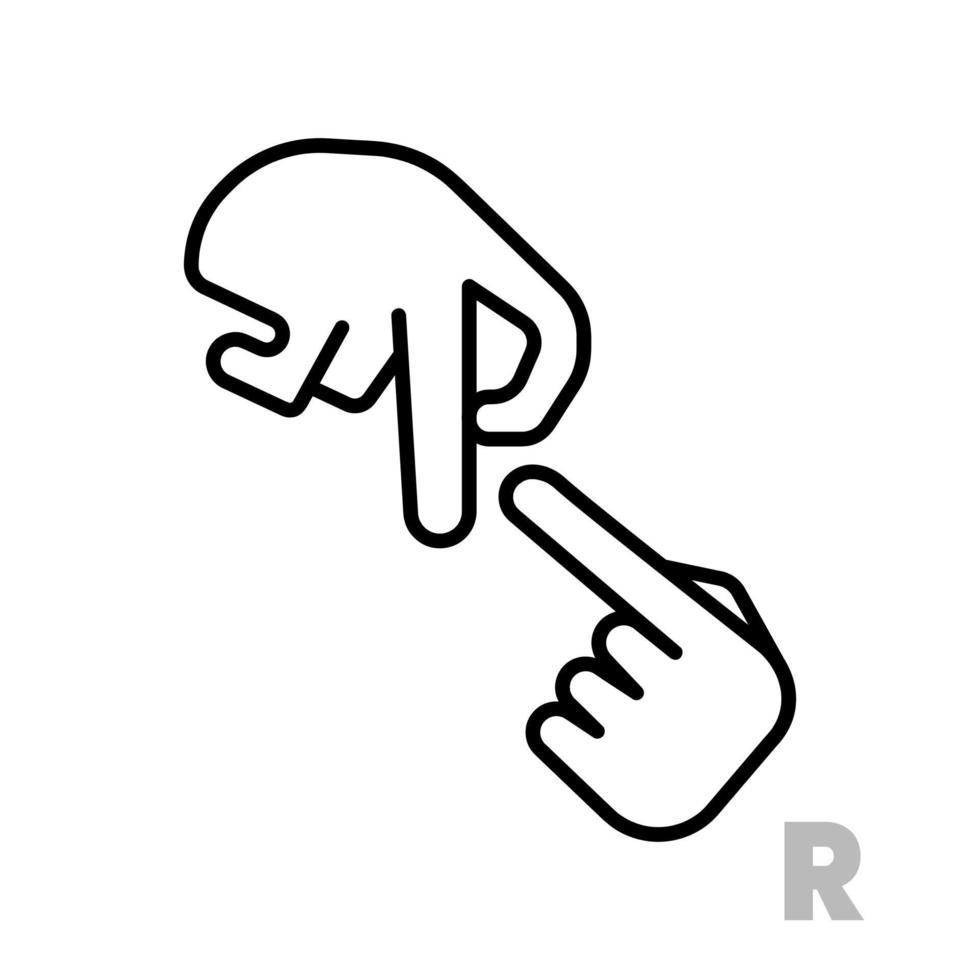 Letter R Universal and handicapped hand alphabet letter. Simple clear linear letter R, hand language. Learning the alphabet, non-verbal deaf-mute communication, expressive gestures vector. vector