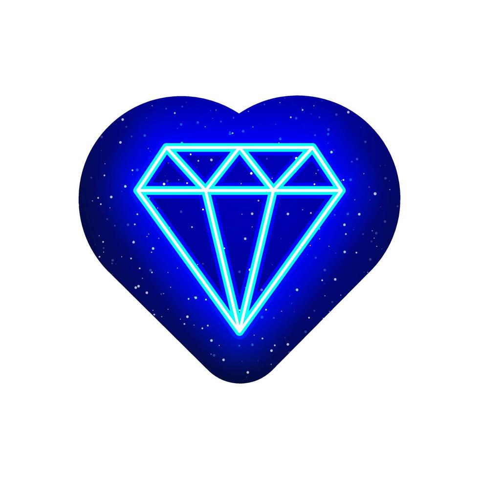 Diamond and diamond icon in neon colorful heart. Realistic neon gemstone icon. Glowing gem icon inside neon heart. Isolated On White Background. vector