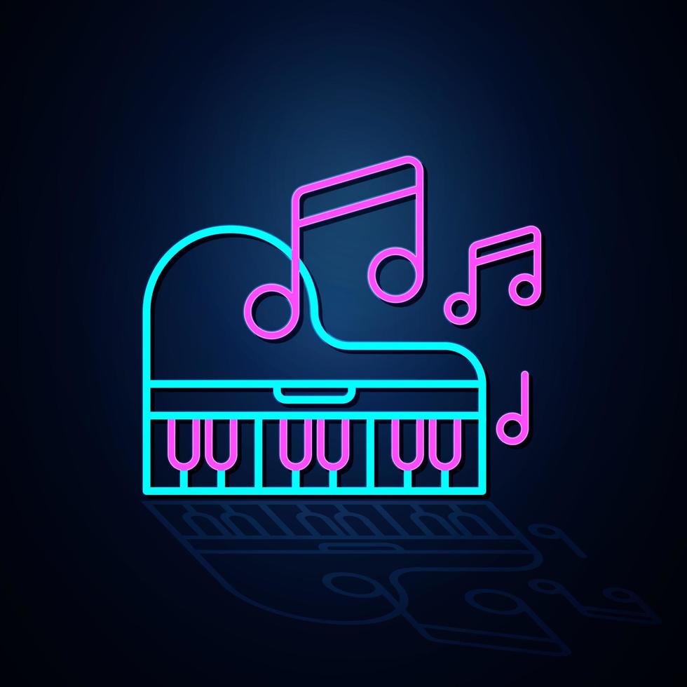 El piano de color neón y el icono de la nota musical se ven claros. icono de línea de neón. ícono de entretenimiento y música de karaoke. icono de neón. vector