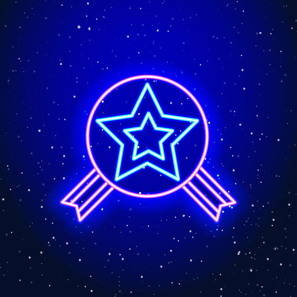 Neon luminous intertwined star and medal design. Linear achievement medal design. Gift medal with neon star in space Unique and realistic neon icon. Linear icon on blue background. vector